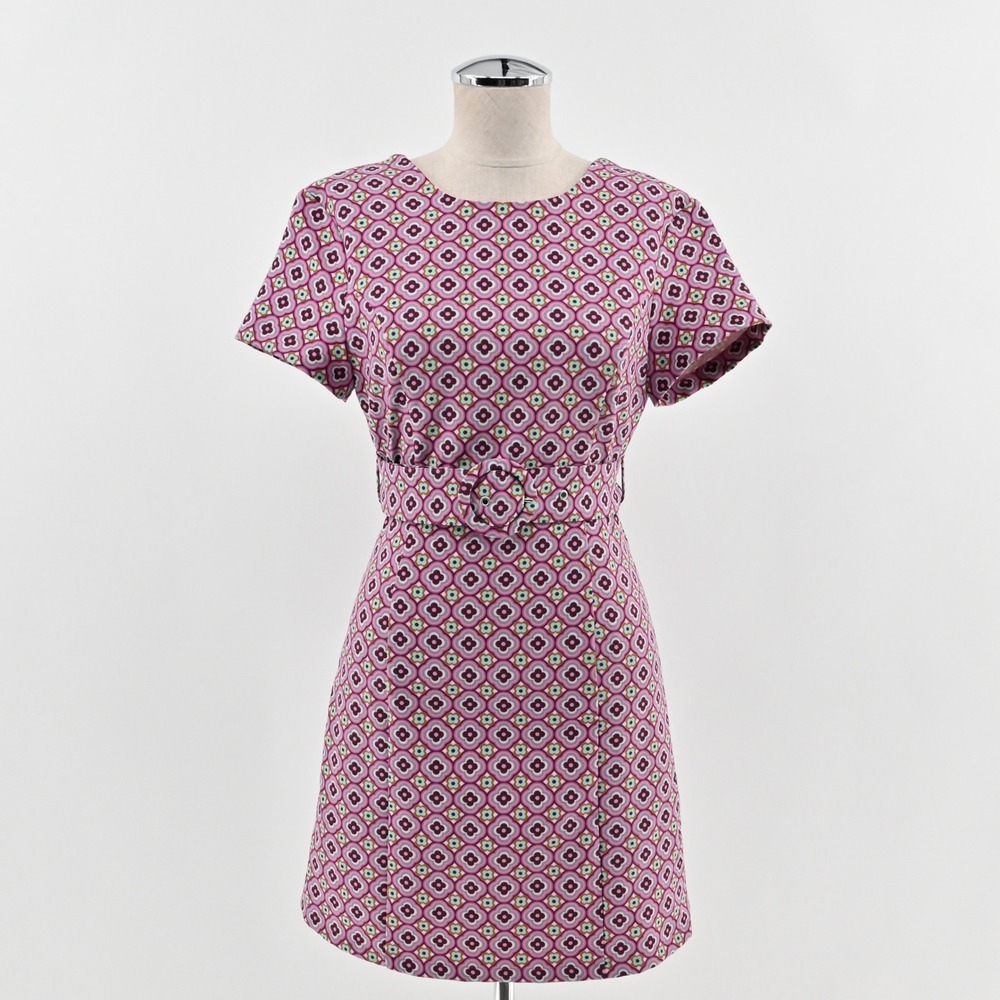 Zara Geometric Belted Mini Dress Size S Pink Twee Mod Retro Twiggy Cut Out Back